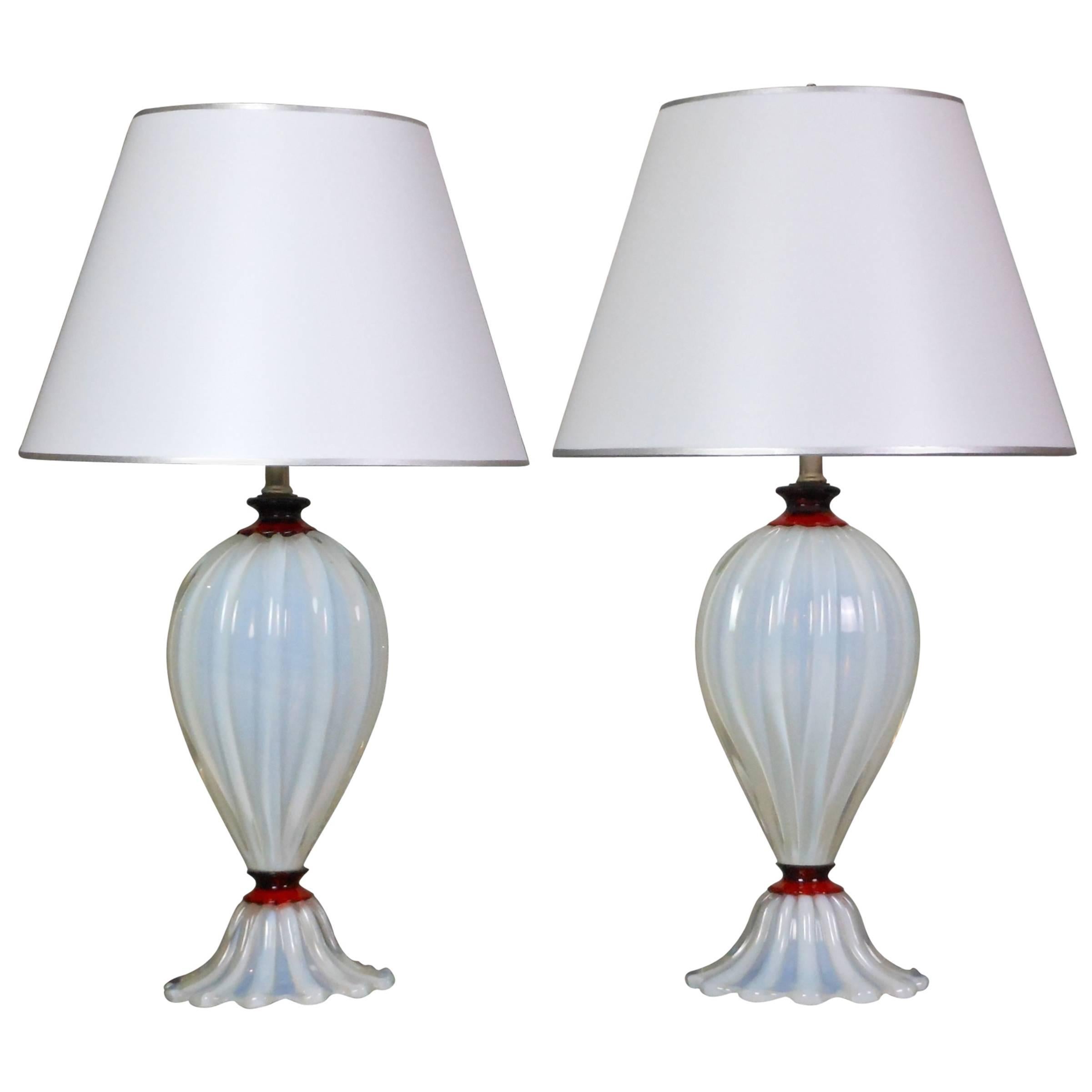 A Pair of Murano White Opaline and Ruby Red Glass Lamps For Sale