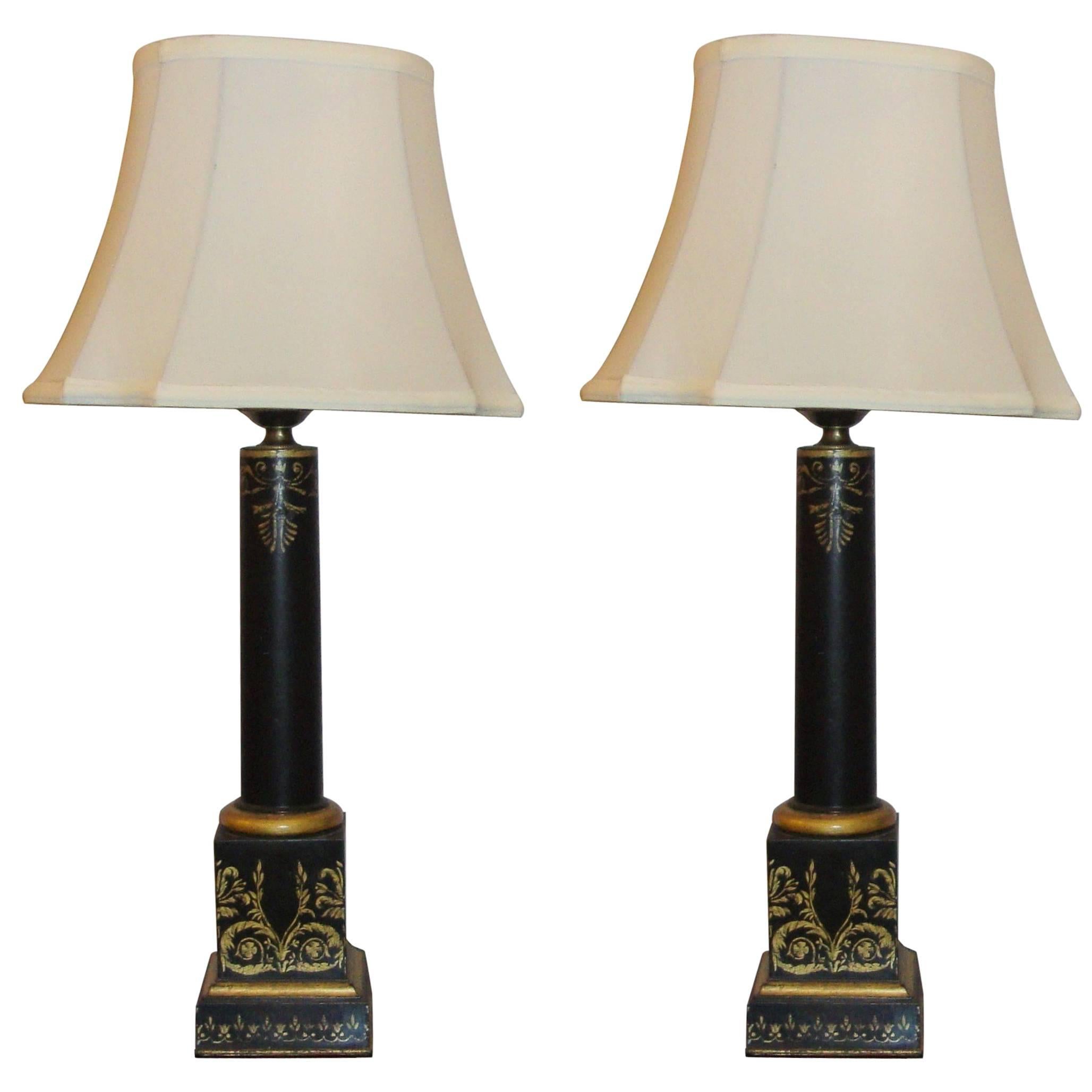 Pair of Antique Tole Painted Ebonized and Gilt Decorated Empire Style Lamps