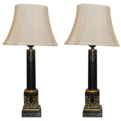 Pair of Antique Tole Painted Ebonized and Gilt Decorated Empire Style Lamps