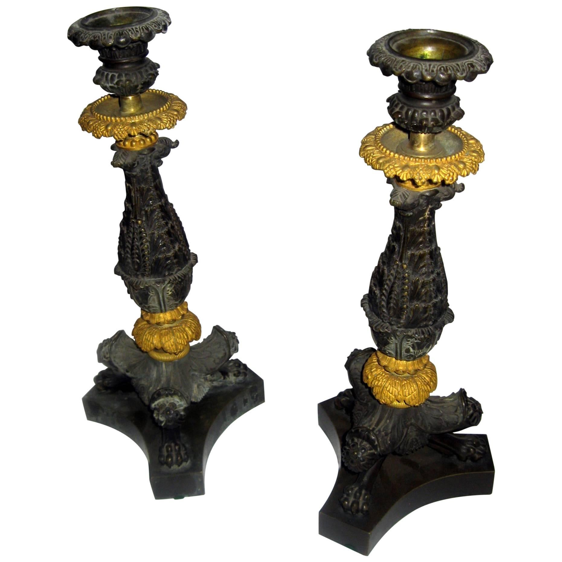 19th century Charles 'X' French Gilt and Patinated Bronze Candlestick, Pair For Sale