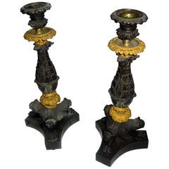 19th century Charles 'X' French Gilt and Patinated Bronze Candlestick, Pair