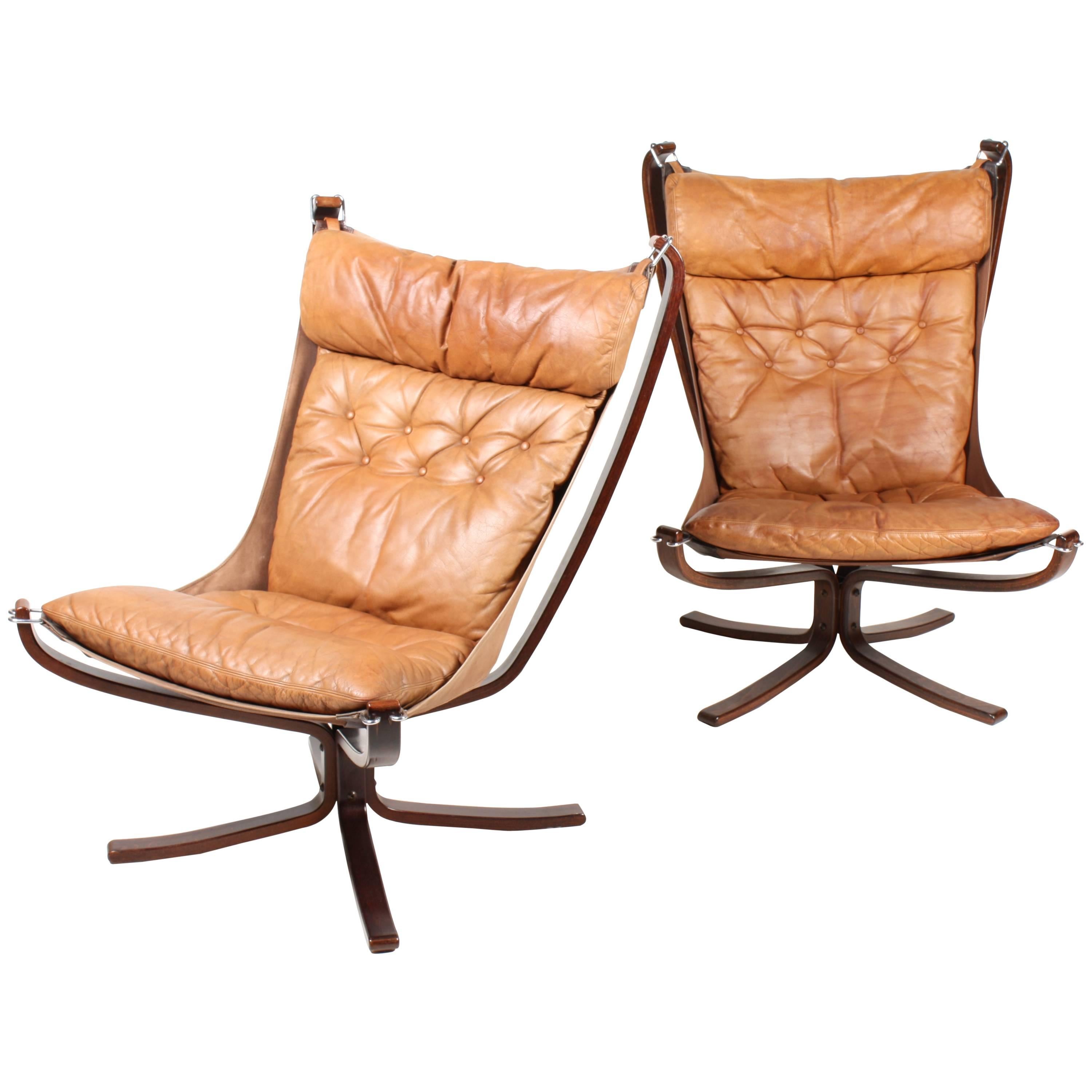 Pair of Falcon Chairs in Patinated Leather