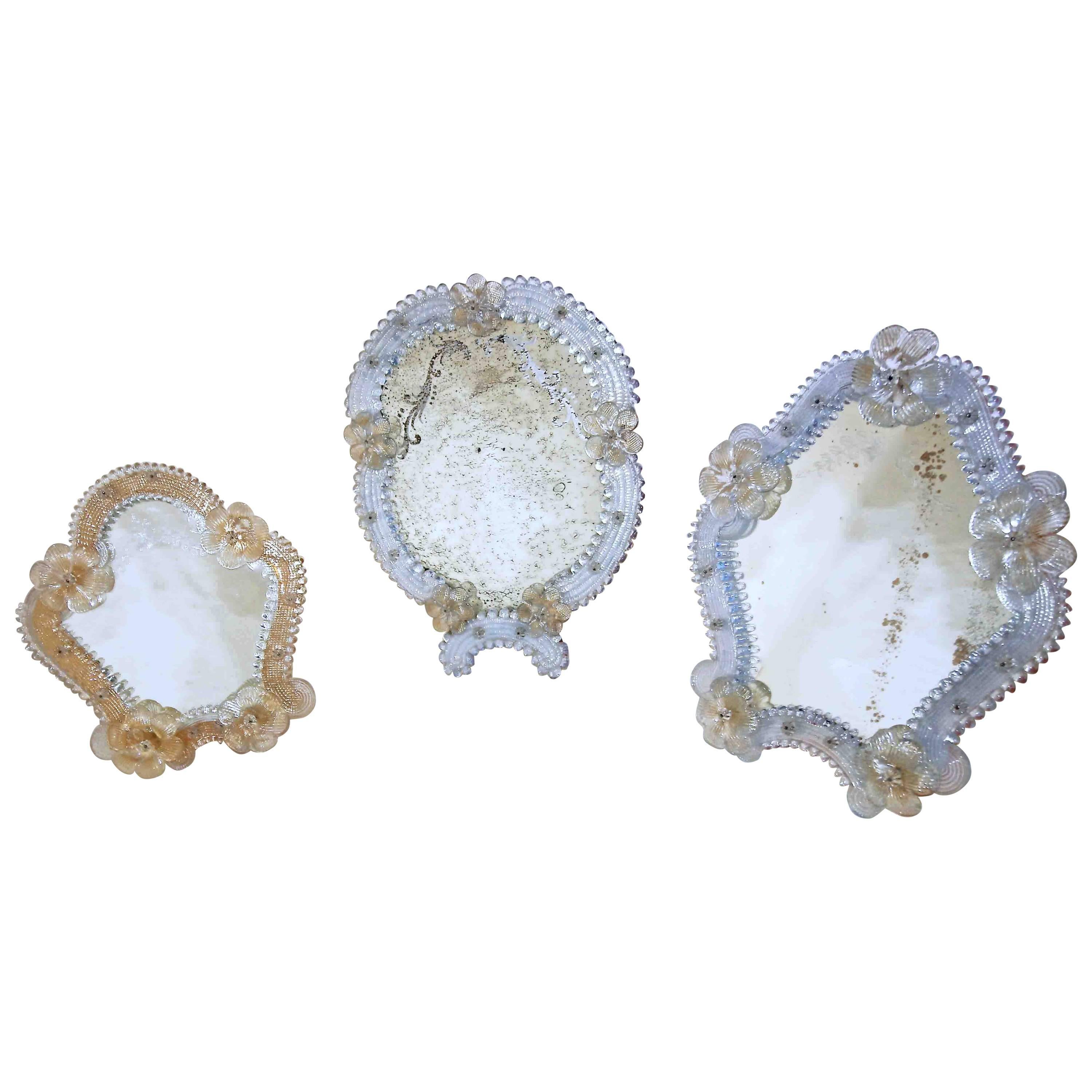 Set of Three Floral Venetian Glass Murano Table Mirrors