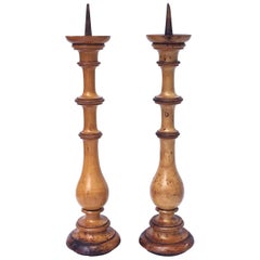 Pair of Large Pricket Candleholders of Olivewood from Italy, circa 1800