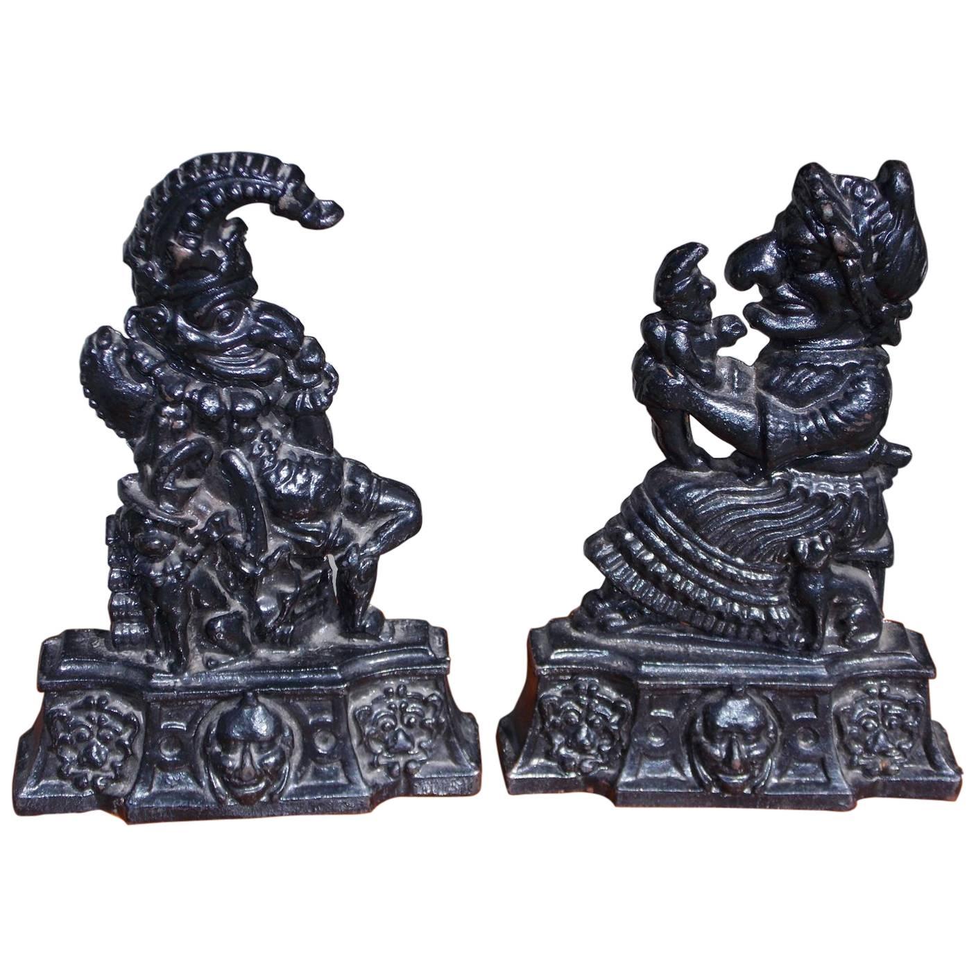 Pair of English Large Cast Iron Punch & Judy Doorstops, Circa 1880 For Sale
