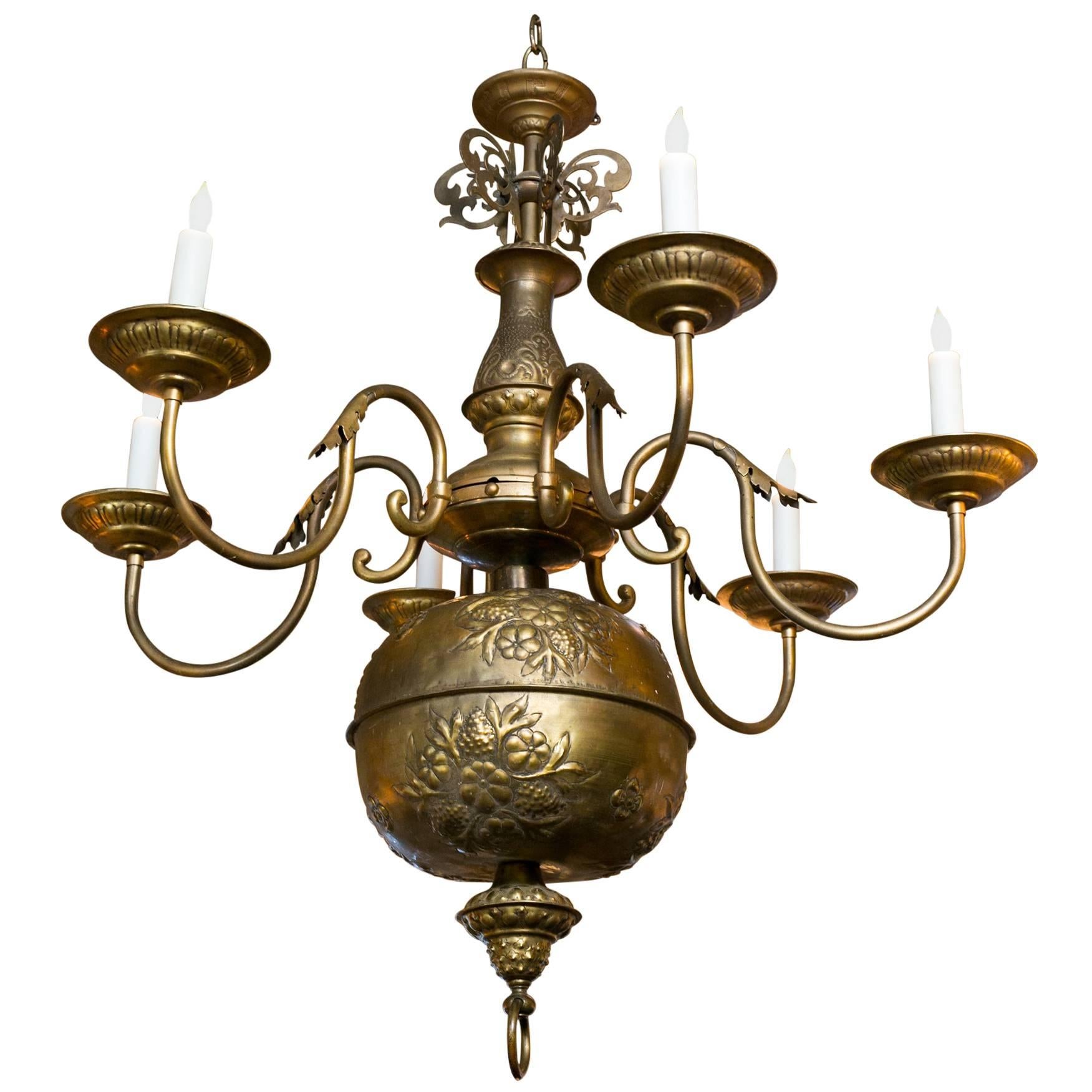 Large Brass Floral Repousse' Six-Arm Chandelier from France circa 1900