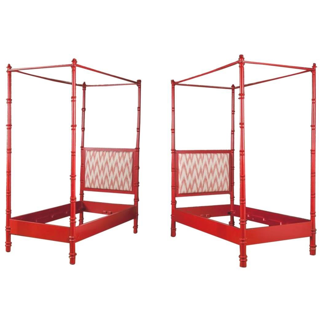 Pair of Red Painted Four Poster Single Bed Frames