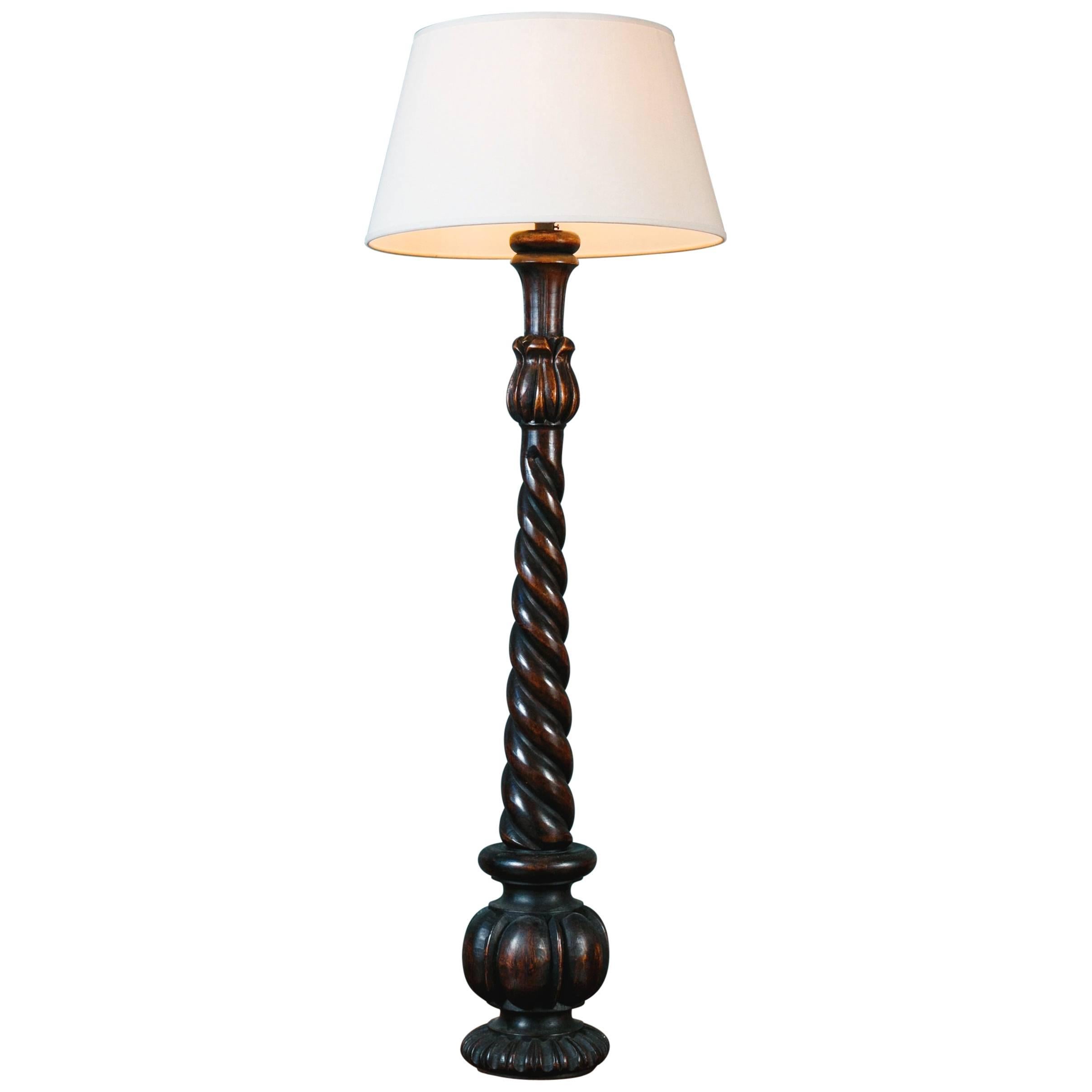 Tall Barley Twist Hand-Carved Wood Table Lamp with Linen Shade, circa 1940 For Sale