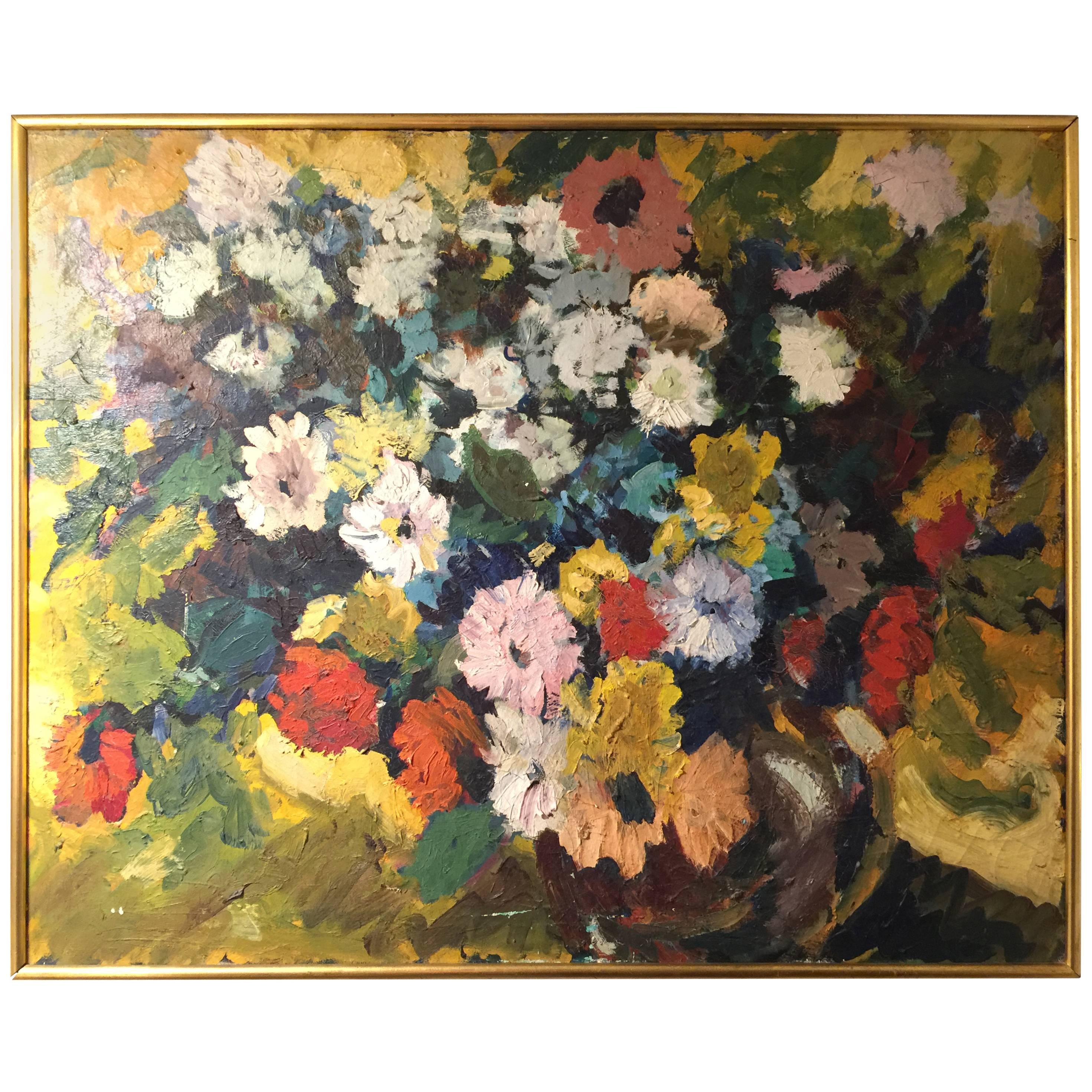 Mid-Century Impressionist Style Large Floral Still Life Oil Painting on Canvas