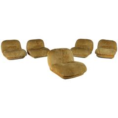 Five Saporiti Armchairs Foam Suede Leatherette Vintage, Italy, 1970s