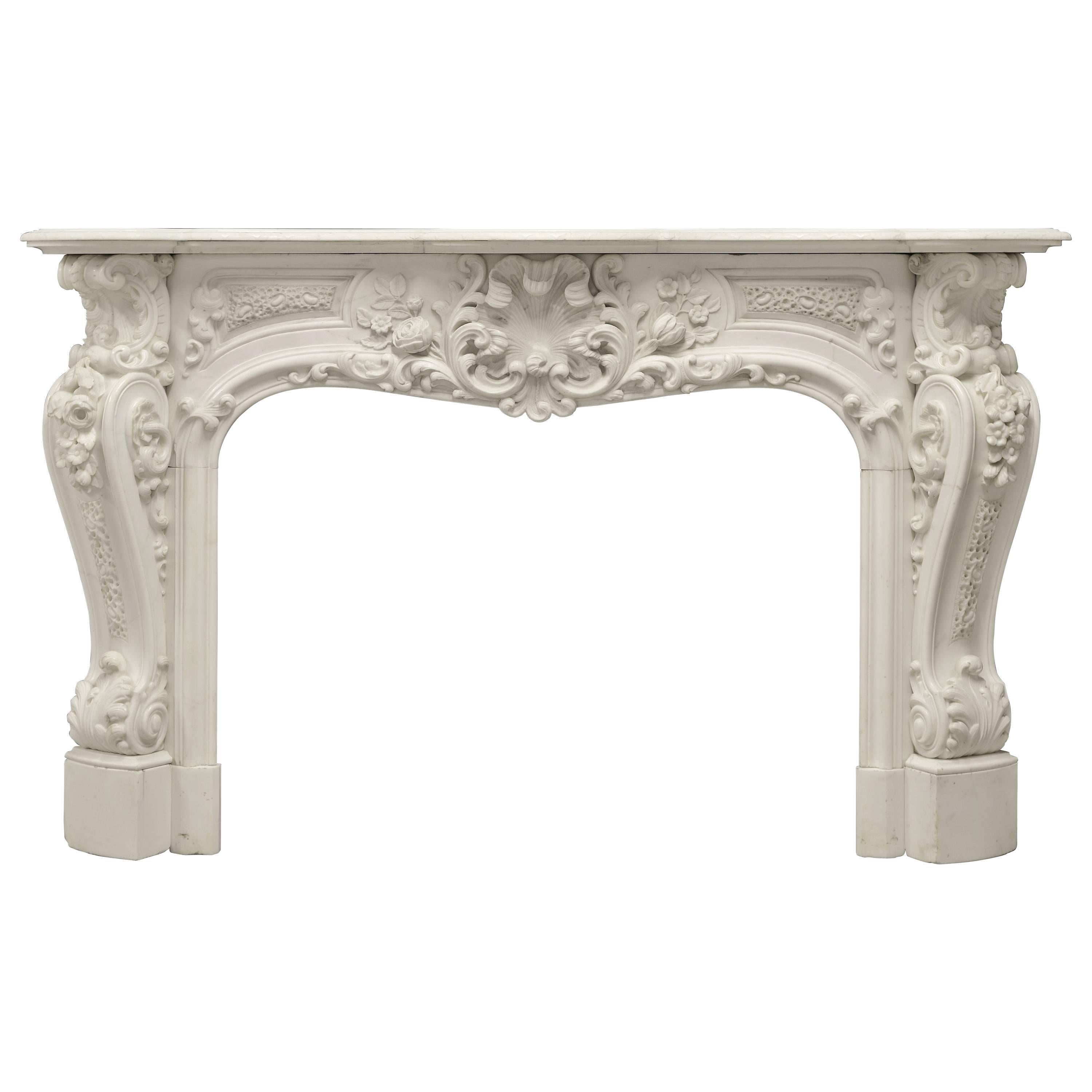 Beautiful, Highly Ornated Floral White Marble Louis XV Fireplace Mantel