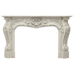 Beautiful, Highly Ornated Floral White Marble Louis XV Fireplace Mantel