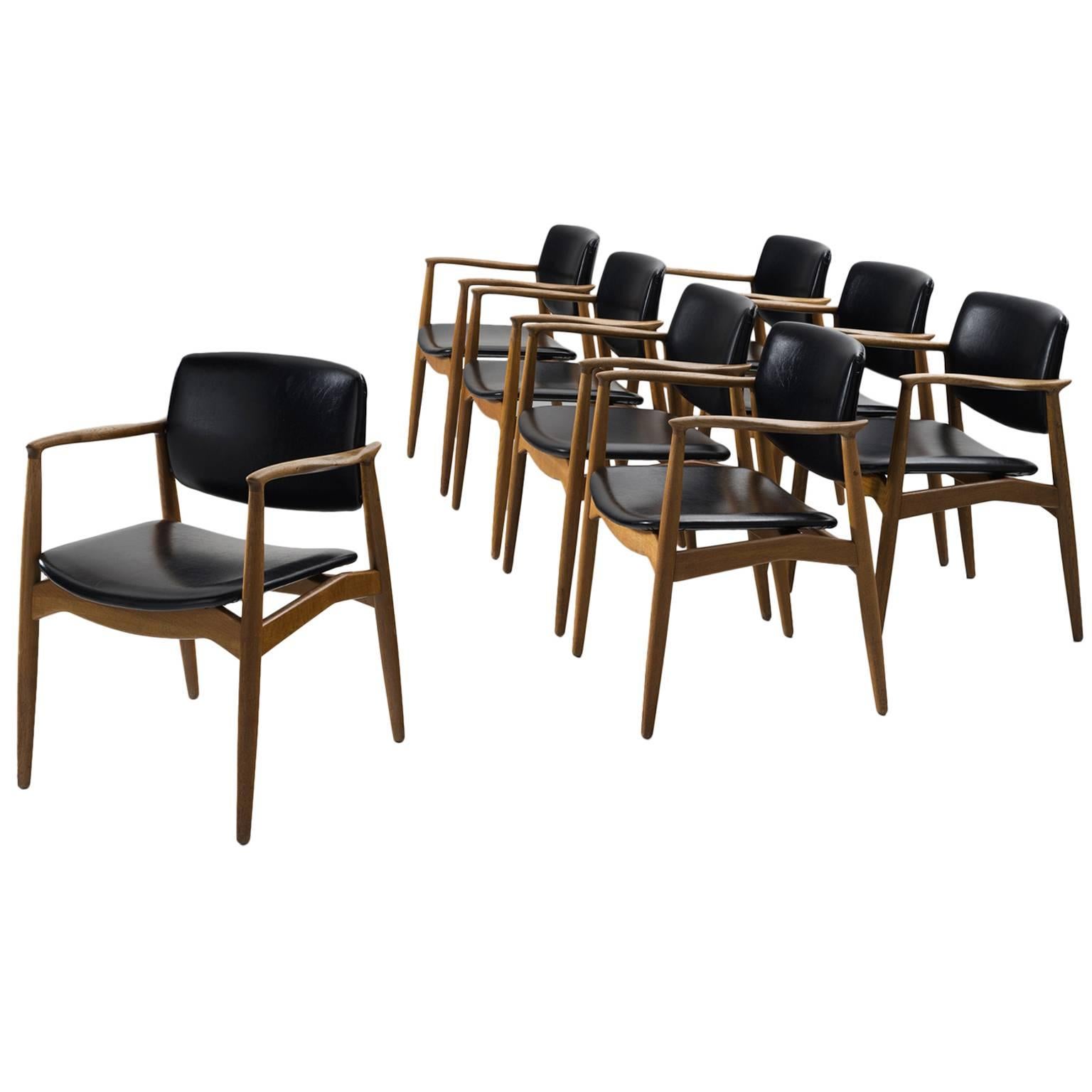 Erik Buck Set of Eight 'Captains' Armchairs in Oak and Black Upholstery