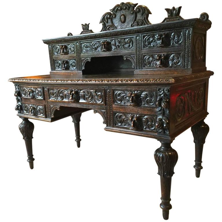 Antique Desk Solid Oak Green Man Heavily Carved Victorian, 19th Century