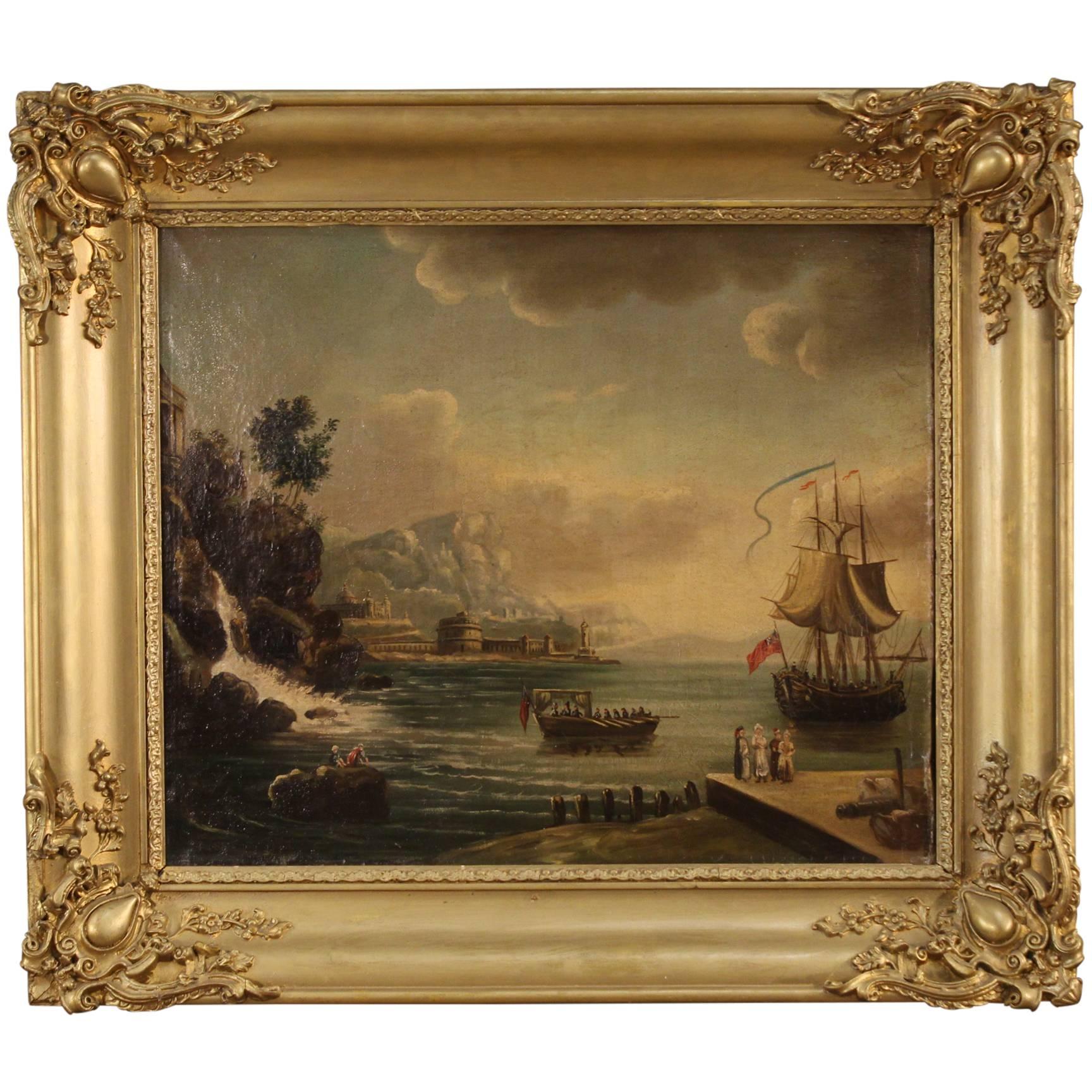 19th Century French Painting Depicting Seascape Oil On Canvas