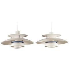 Pair of PH Five Pendant Lamps of Five White and Blue Varnished Reflectors