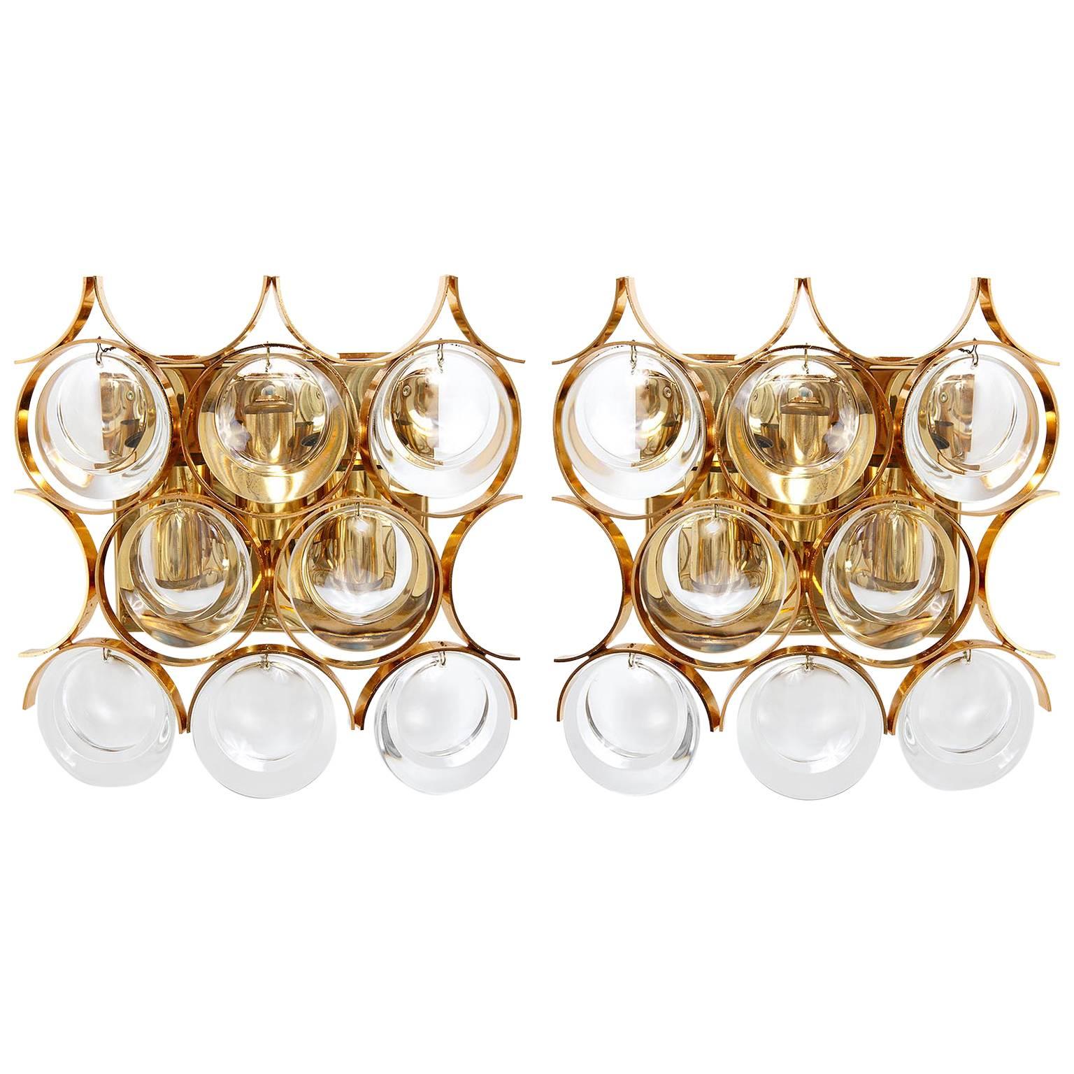 Palwa Sconces Wall Lights, Sciolari Design, Gilt Brass Crystal Glass, 1970