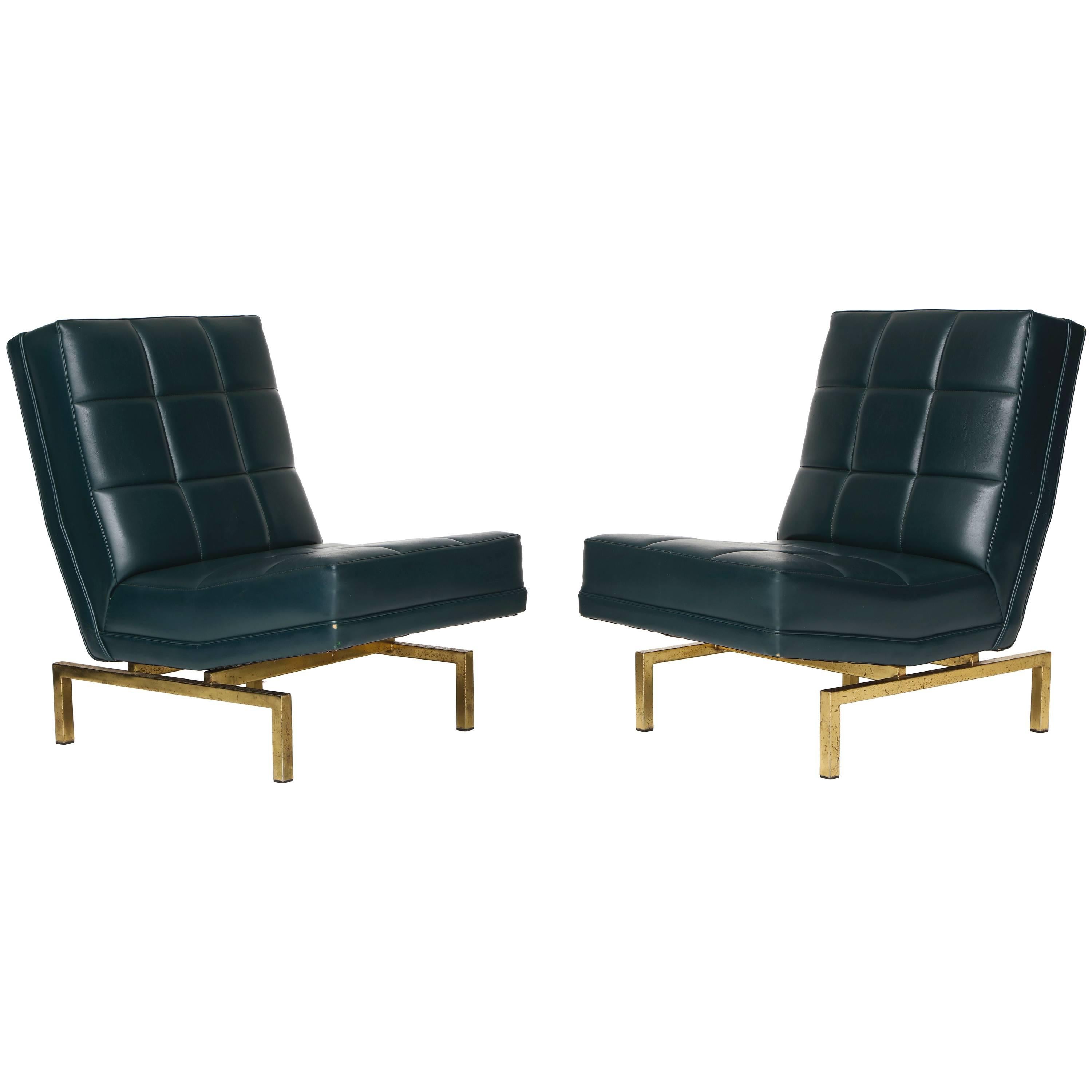 Louis Paolozzi Green Mid Century Lounge Chairs on Brass Bases, France, 1950s
Beautiful green faux leather lounge chairs on brass bases.
Extremely comfortable. 
Louis Paolozzi was a designer in post war France during the golden era of French