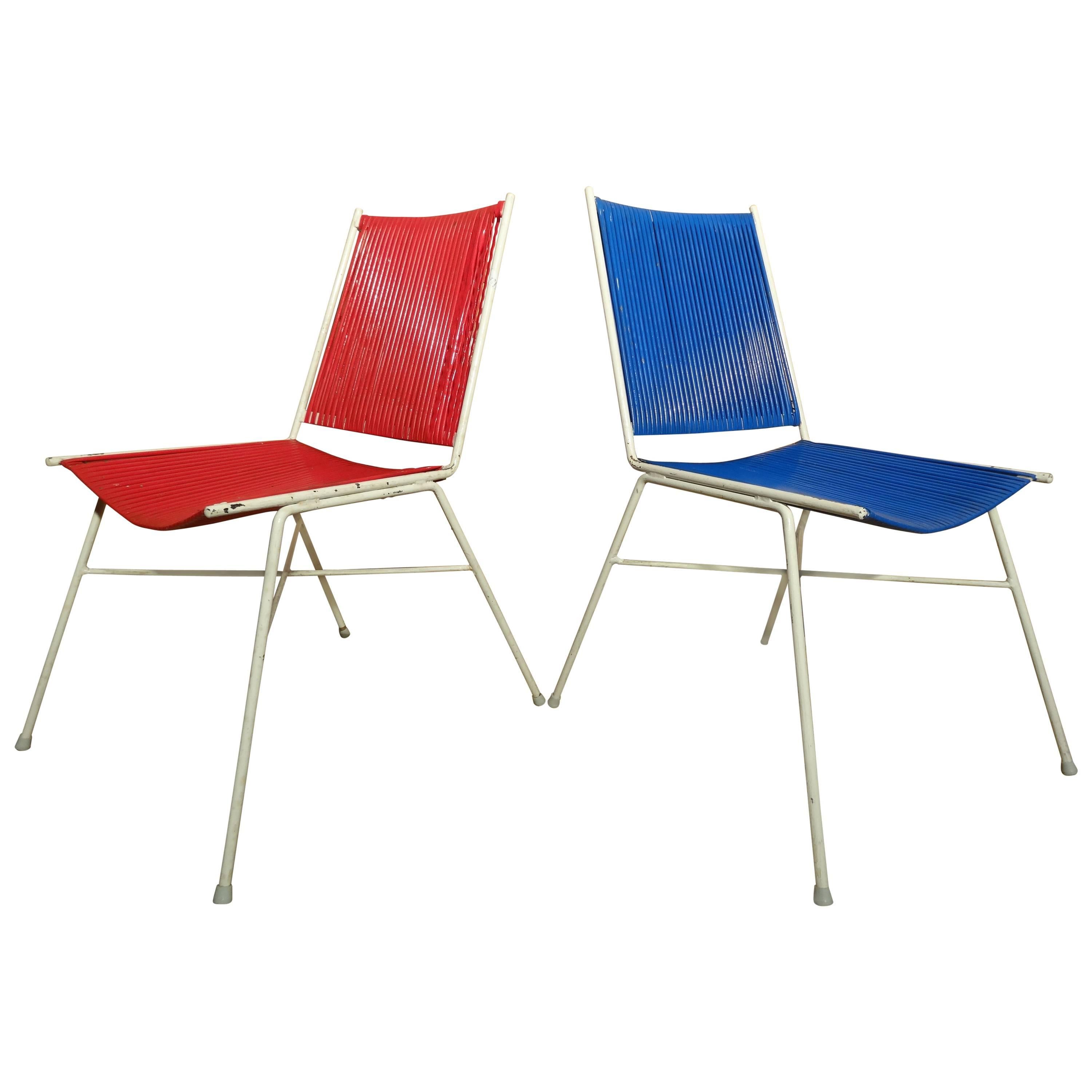 Vintage Retro 1950's Pair of French Red and Blue wire chairs  For Sale