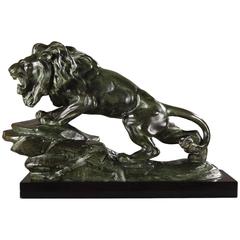 Art Deco Bronze Sculpture with a Roaring Lion, Signed Nerid