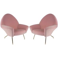 1950s Pair of Armchair, Model 770 by Joseph Andre Motte, Pink Velvet and Brass