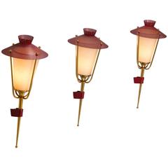 Vintage Maison Arlus Set of Three Red Mesh and Brass Wall Lights