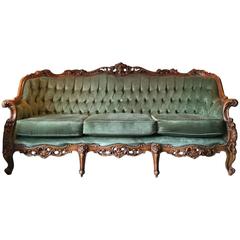 Antique Style Louis XV Sofa Three-Seat Settee Button-Back Upholstered