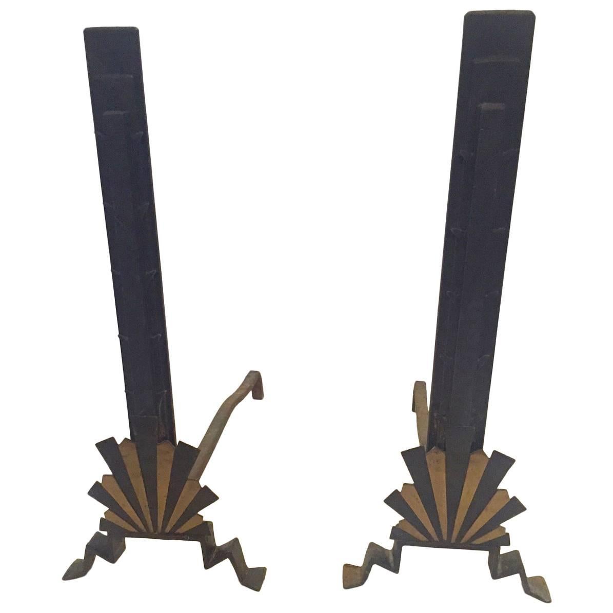 Sensational Rare Art Deco Andirons in Black and Gold For Sale