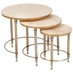 French Neoclassic Set of Three Onyx-Top Bronze Nesting Tables