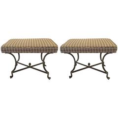 Sleek Pair of Iron and Upholstered X Benches Ottomans 1