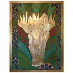 Art Deco Polychromed Carved Elephant in the Middle of the Jungle Wall Panel