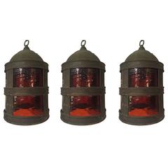 Set of Three Arts & Crafts Tole and Amber Glass Lanterns 11