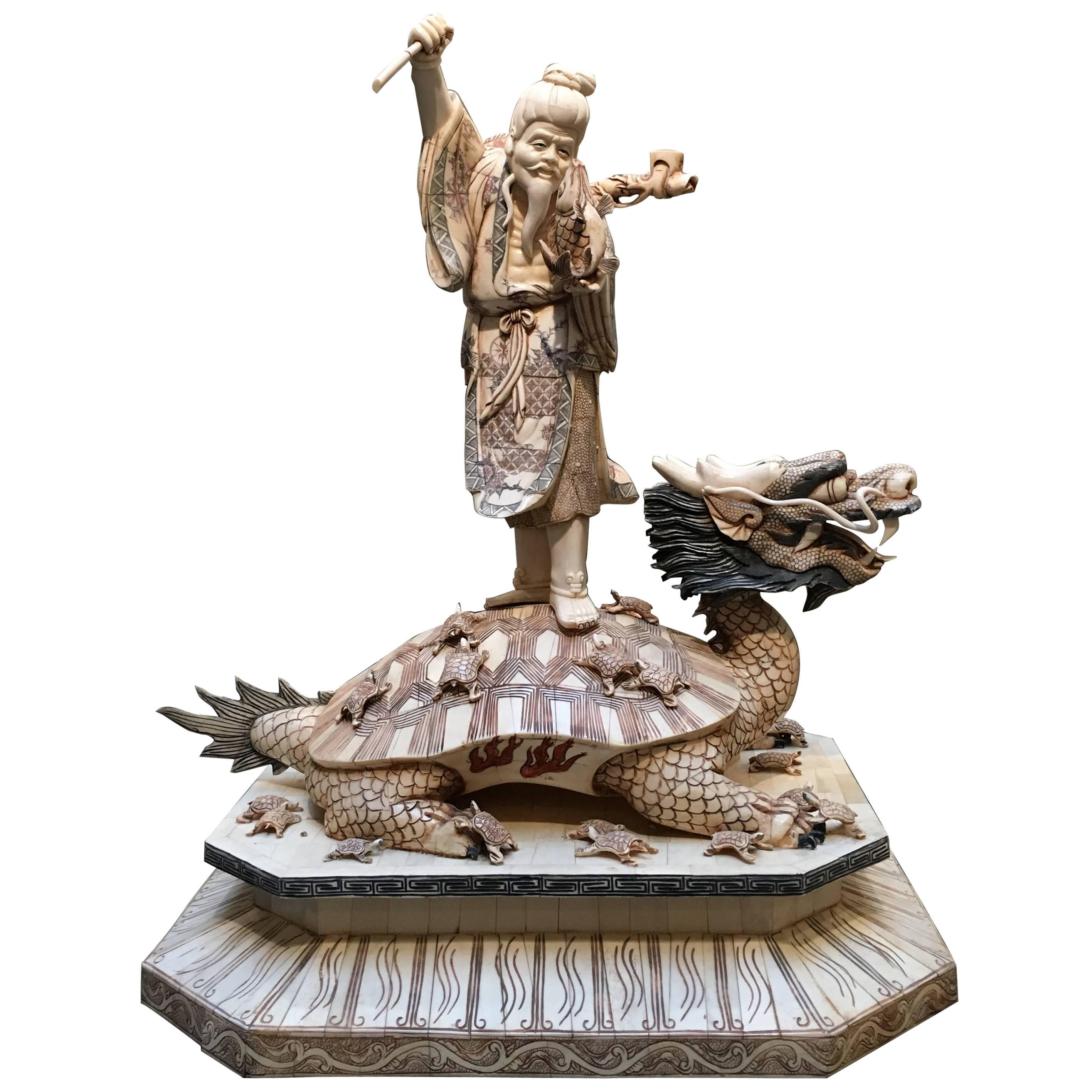 Large Vintage Japanese Bone Veneer Sculpture of Ebisu on a Turtle Dragon