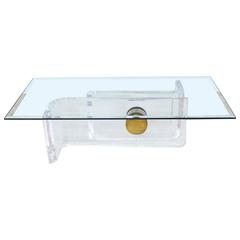 Large Rectangular Glass Top Thick Lucite and Brass Base Coffee Table