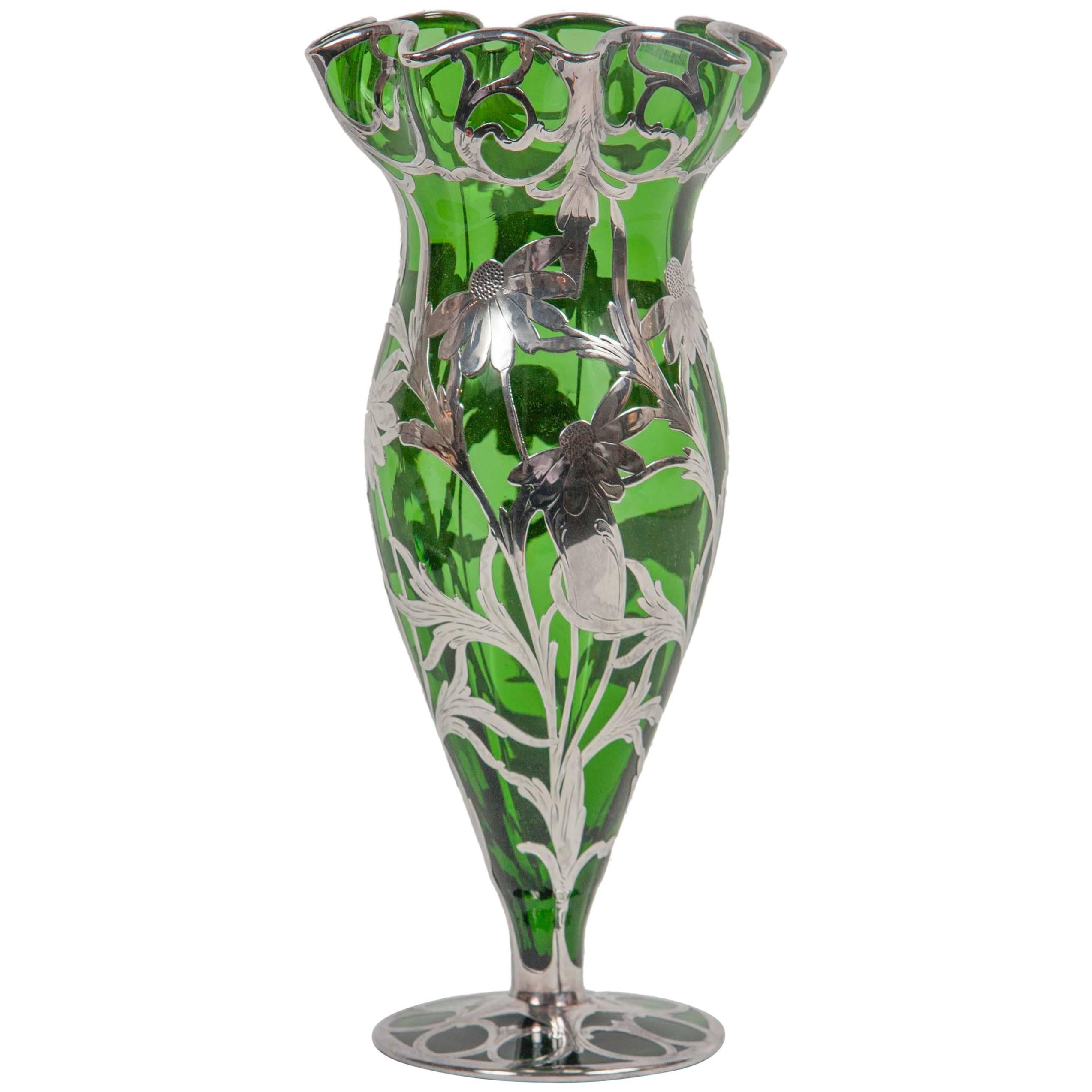 Art Nouveau Alvin Sterling over Green Glass Vase