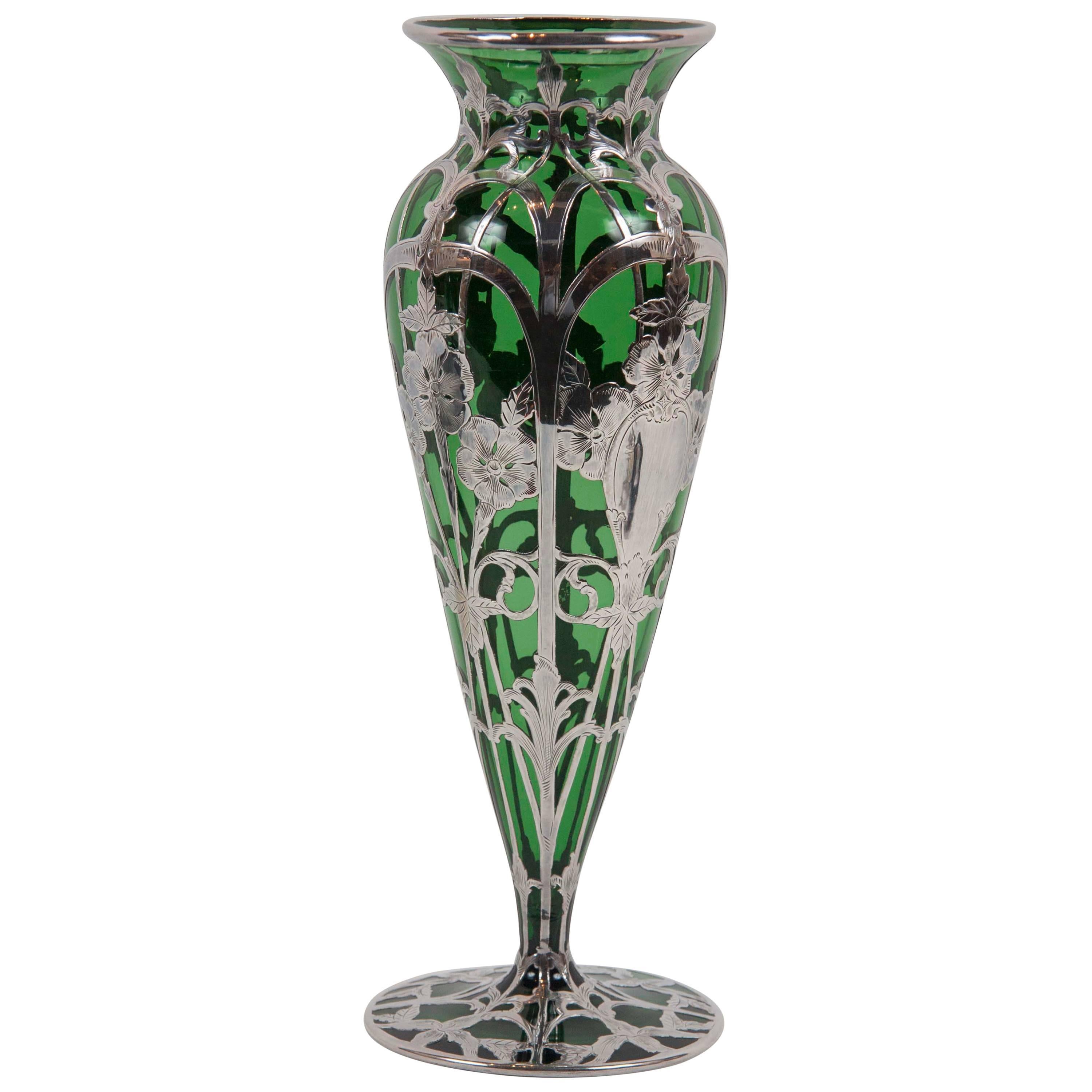 Art Nouveau Alvin Sterling over Green Glass Vase For Sale