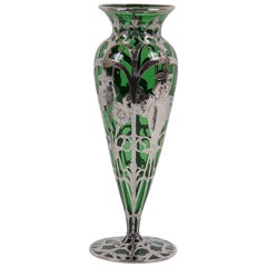 Art Nouveau Alvin Sterling over Green Glass Vase