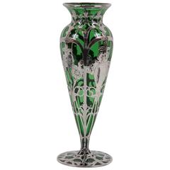 Art Nouveau Alvin Sterling over Green Glass Vase 5