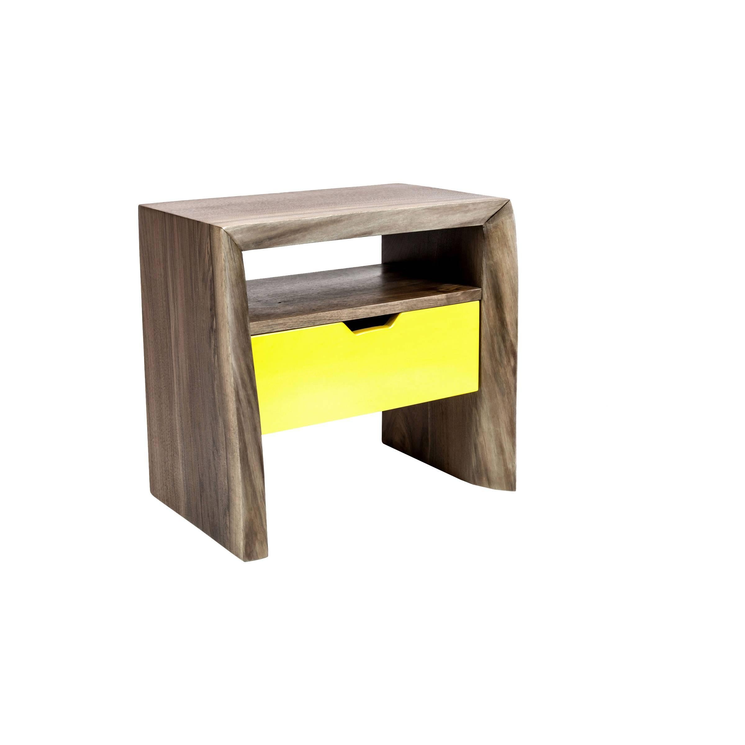 SHIMNA Live Edge Nightstand in American Black Walnut with Yellow Drawer For Sale