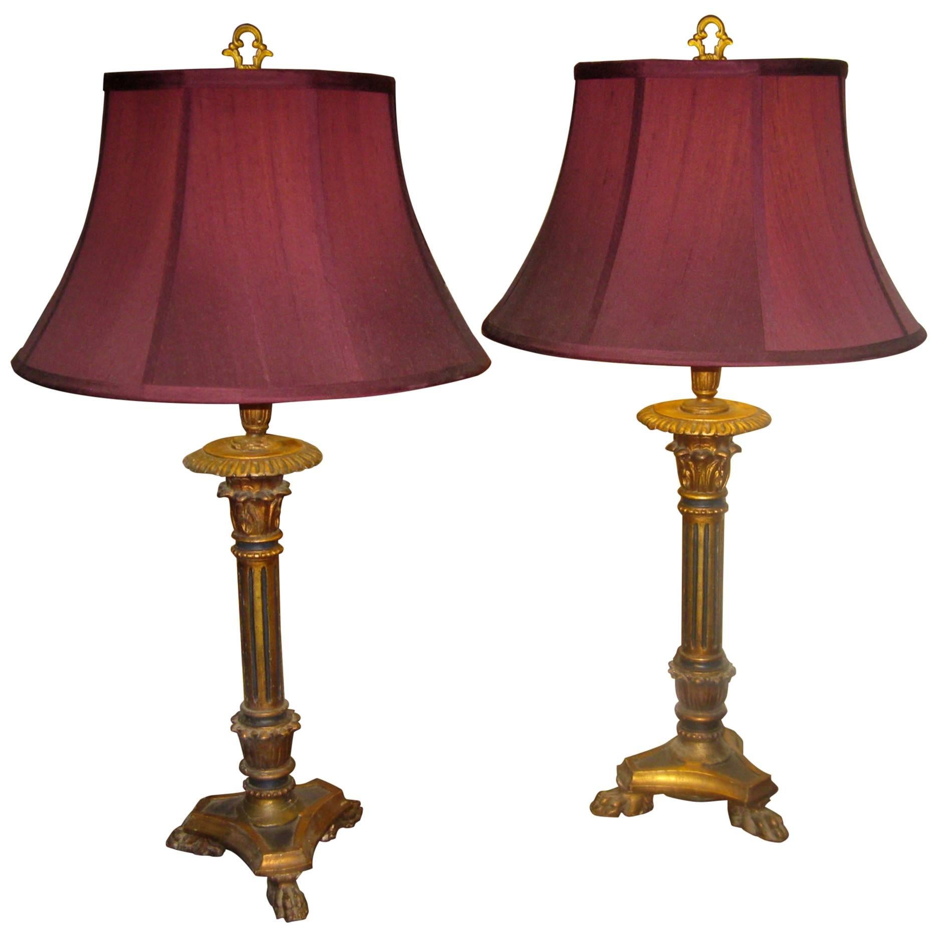 19th century Giltwood Converted Candlestick Lamp Pair For Sale
