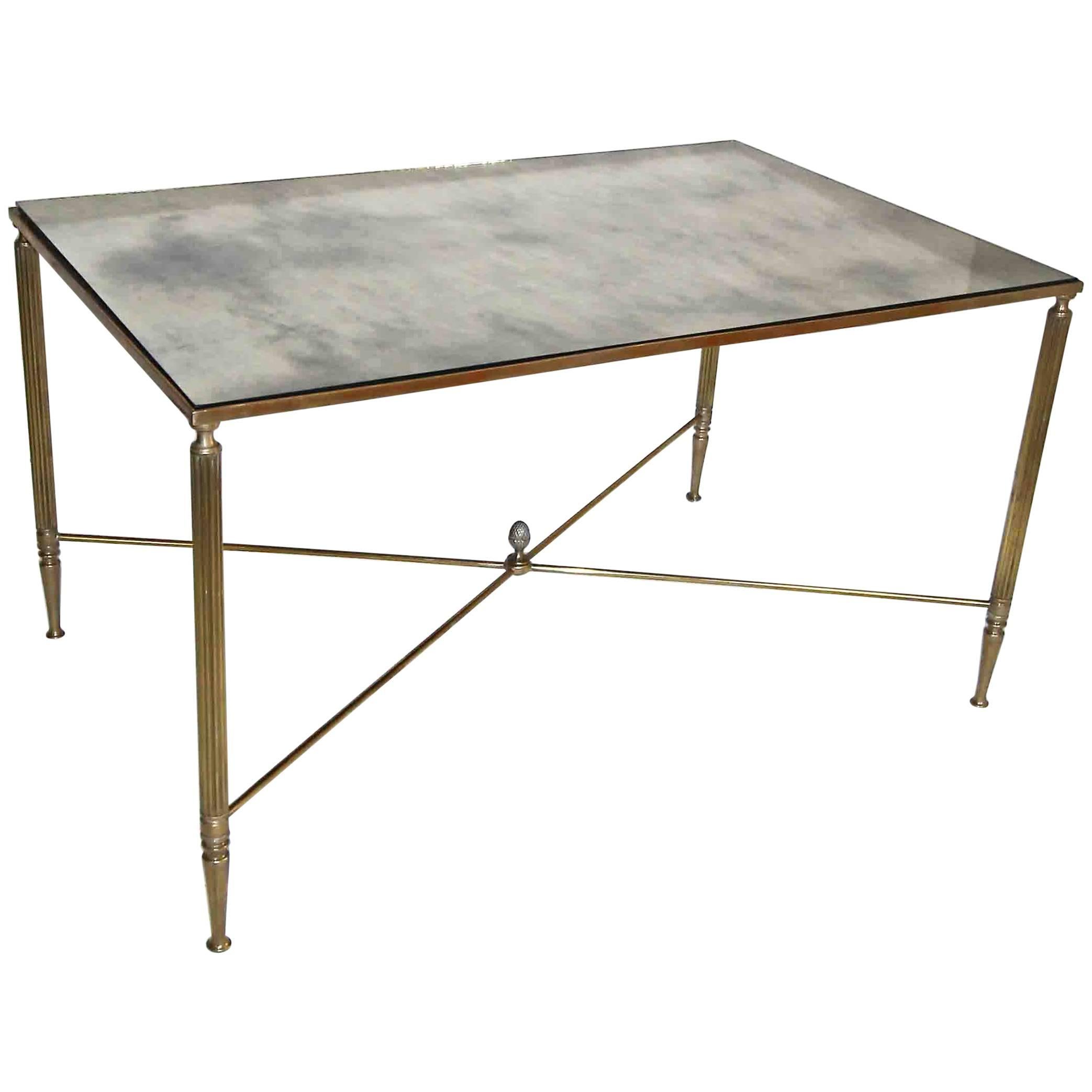 French Brass X Base Antiqued Mirror Top Cocktail Table