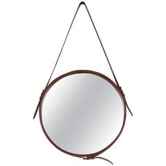 Jacques Adnet Design Modernist Round Leather Hanging Wall Mirror