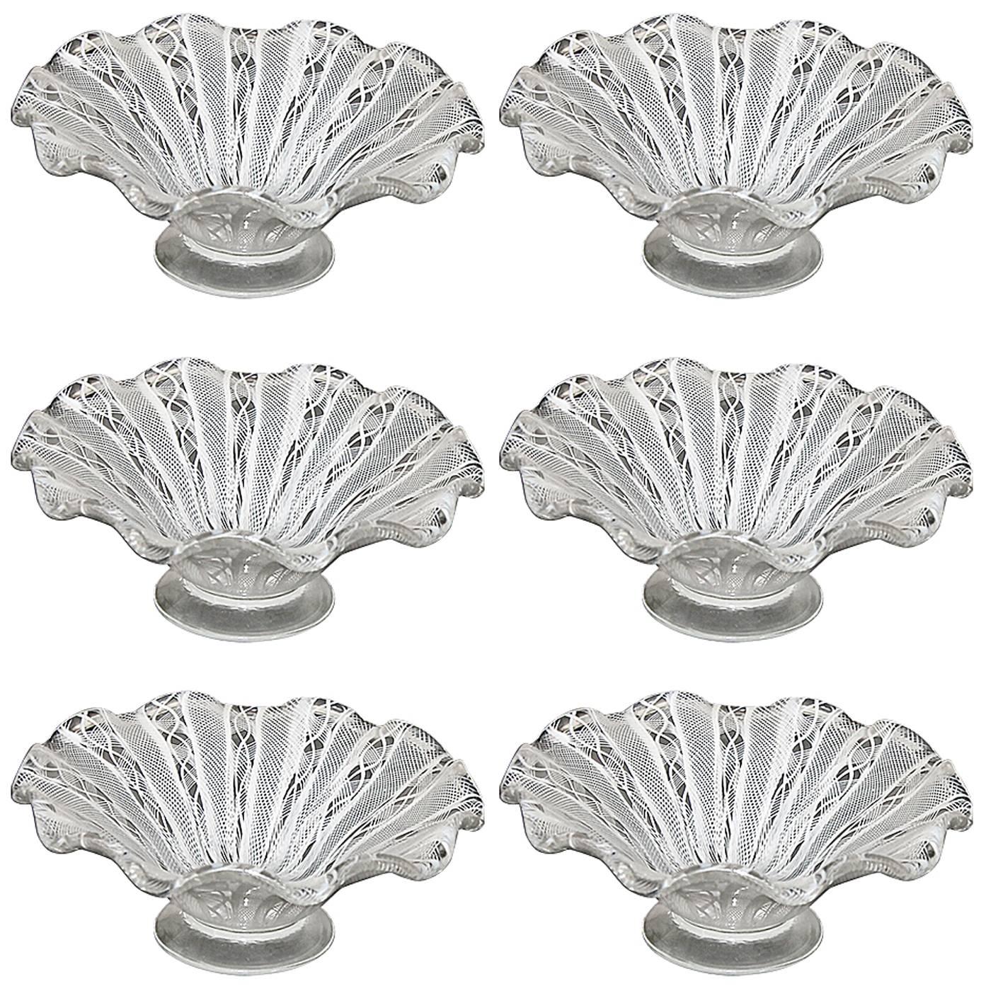 Set of Six Murano Venetian Latticino Glass Dessert Bowl or Dish