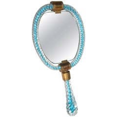 Rare Murano Glass Aqua Blue Clear Hand Vanity Mirror