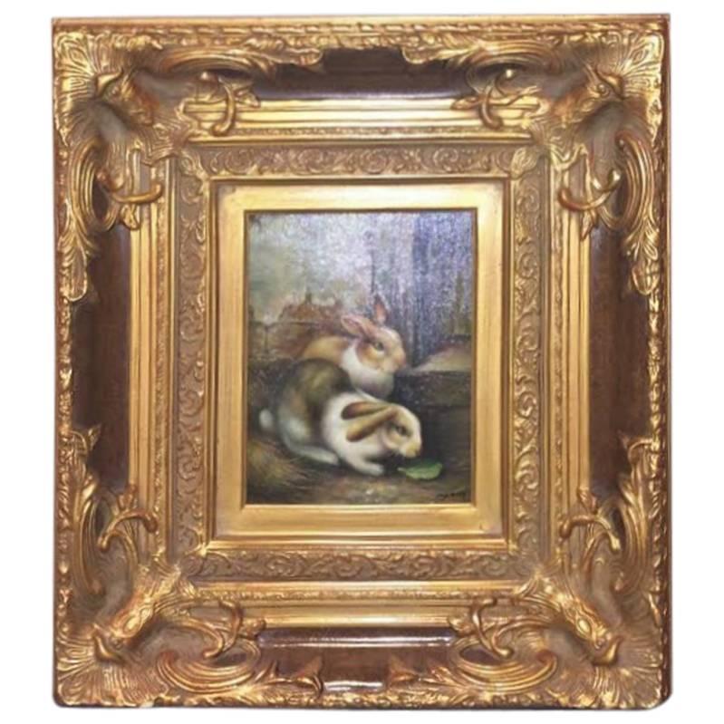 Two Bunnies Oil on Canvas Signed “Harvey”