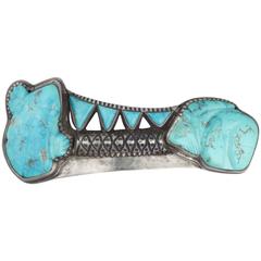Chiseled Silver Belt Buckle with Carved Turquoise Fetishes by Eveli, circa 1975