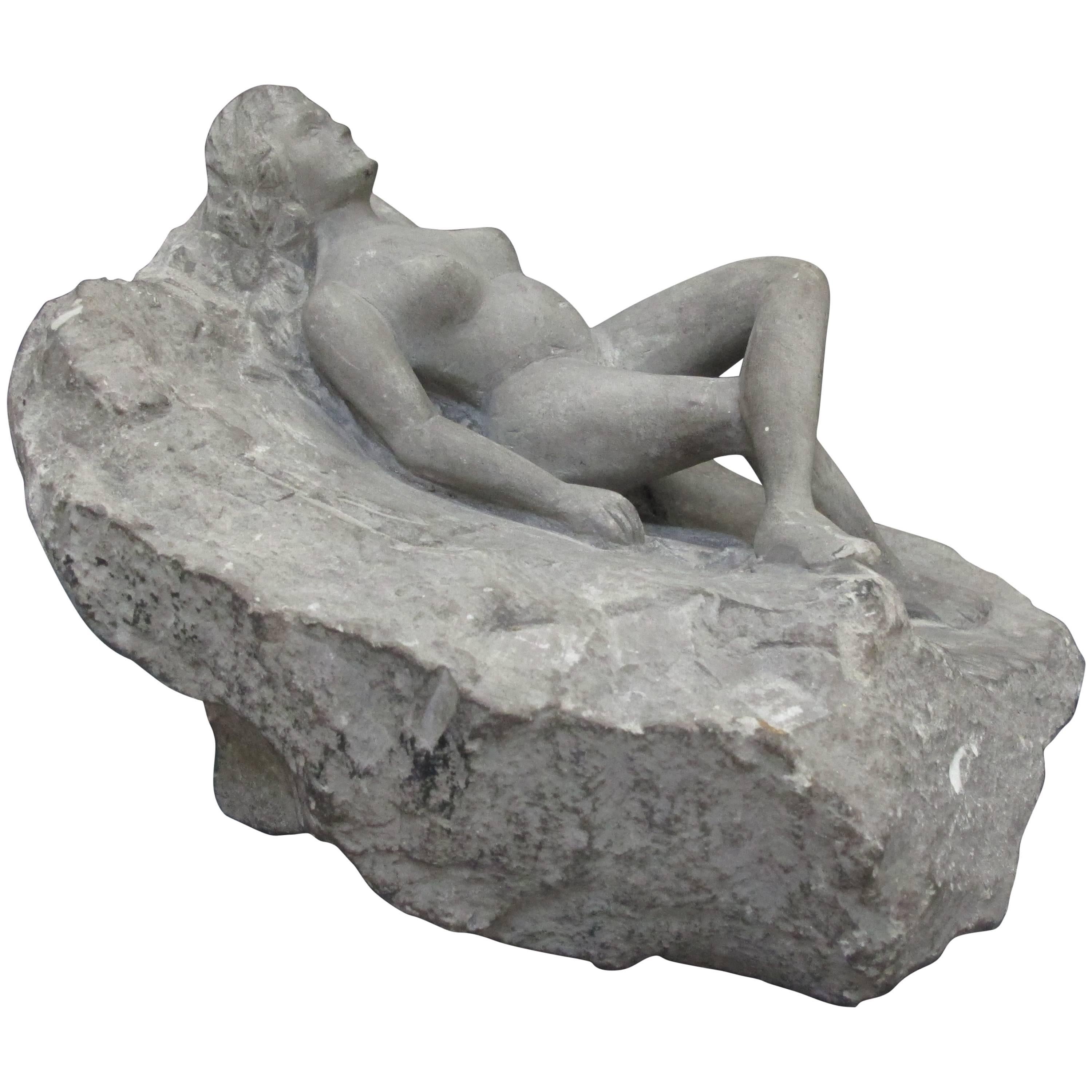 Carved Nude Woman Laying on Stone Folk Sculpture For Sale