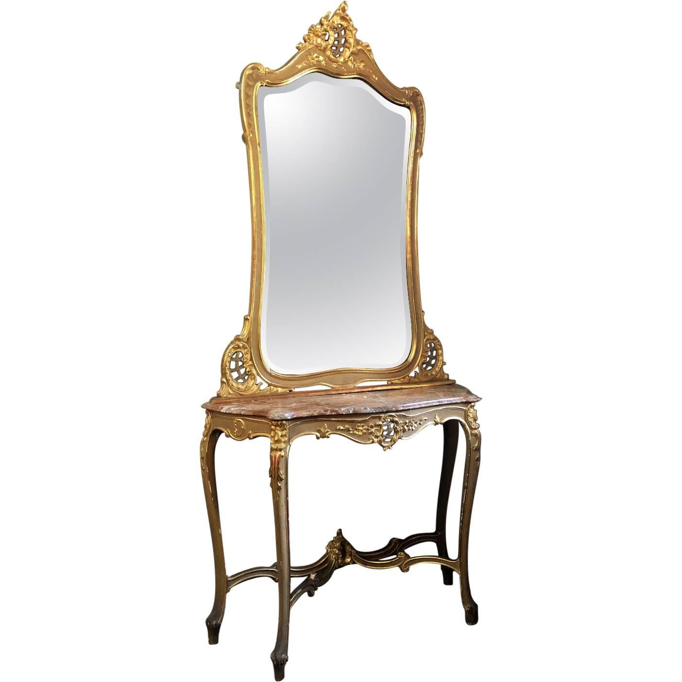 19th Century Italian Rococo Hand-Painted Marble Top Giltwood Console with Mirror