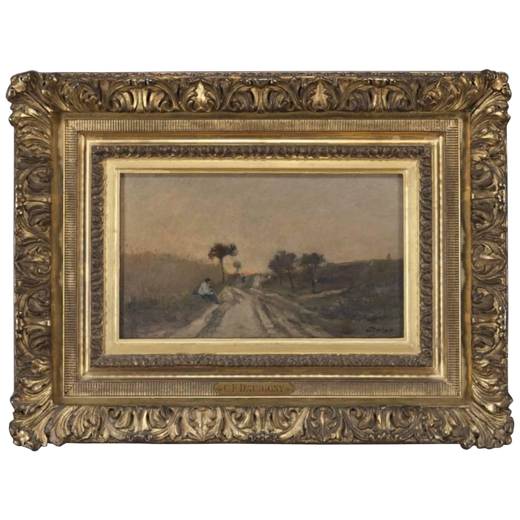 Charles François Daubigny Oil on Panel Figures Along a Road