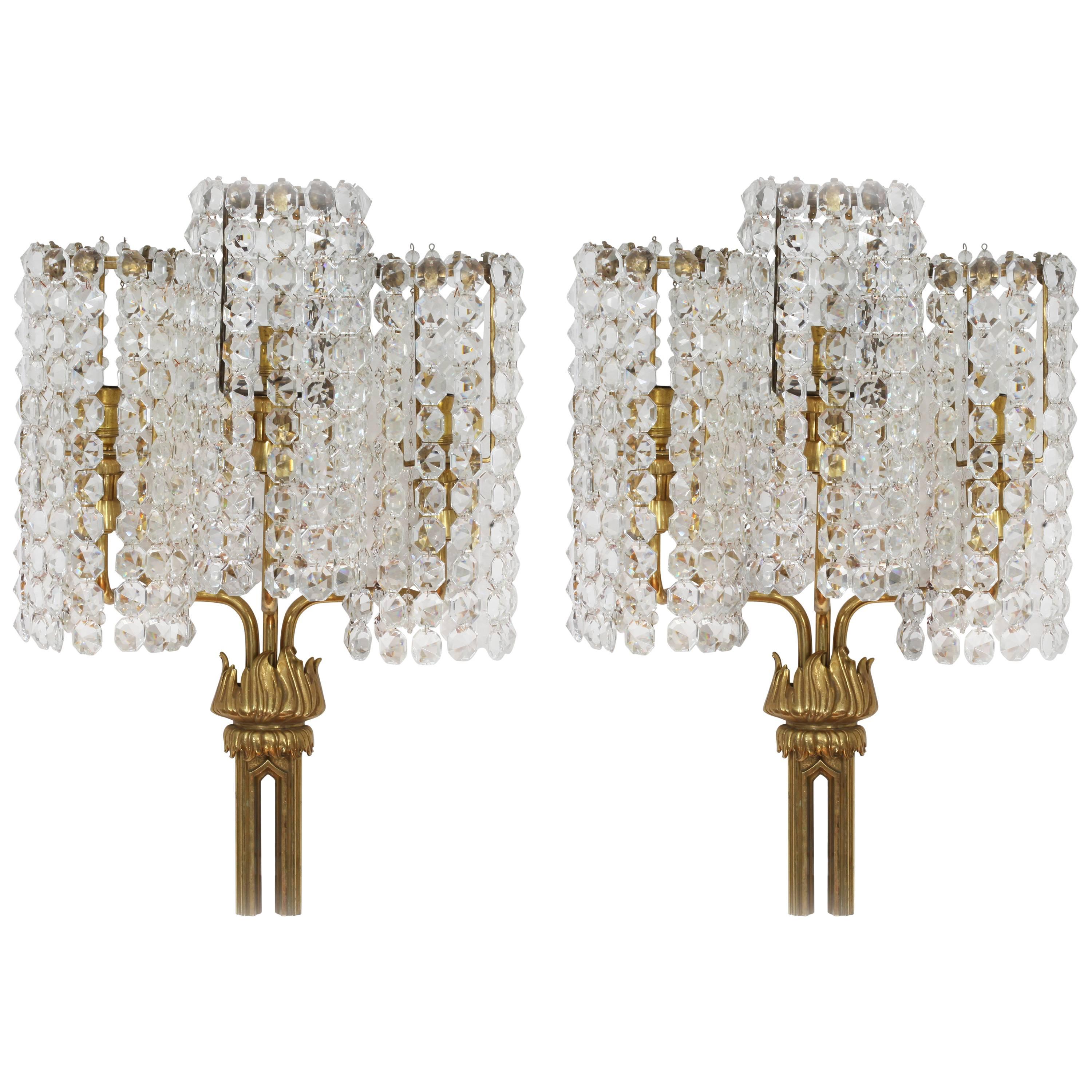 Amazing Large Pair of Wall Crystal Glass Sconces, Bakalowits Attributed, Vienna